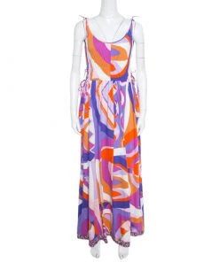 Emilio Pucci Multicolor Abstract Printed Cotton Tie Up Detail Sleeveless Maxi Dress L For Women
