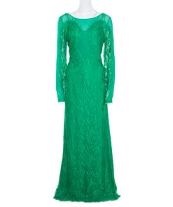 Emilio Pucci Emerald Green Lace Applique Long Sleeve Evening Gown L For Women