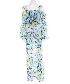 Emilio Pucci Blue And Yellow Printed Cotton Silk Cold Shoulder Tie Detail Dress L For Women
