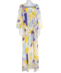Emilio Pucci Multicolor Leaf Printed Cotton And Silk Dress L For Women