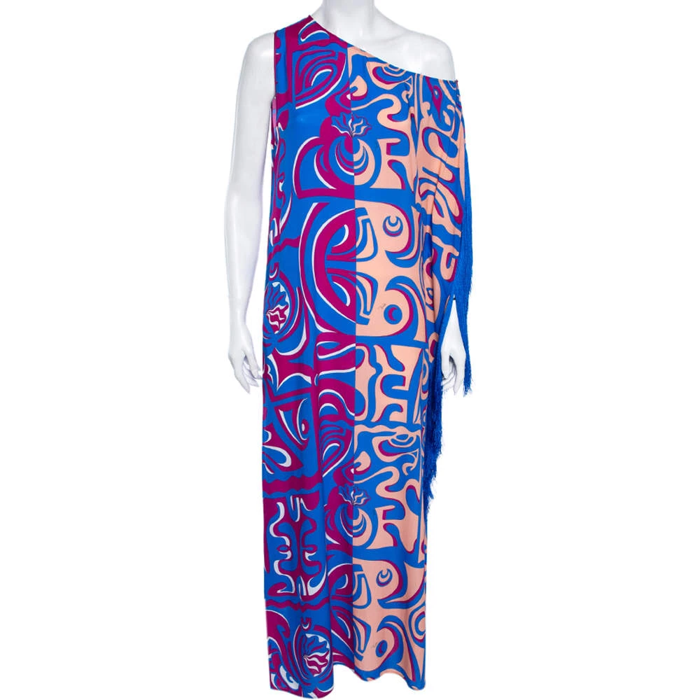 Emilio Pucci Multicolor Printed Rayon Tassel Detail Asymmetric Neck Maxi Dress S For Women