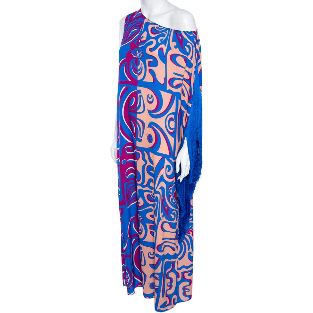 Emilio Pucci Multicolor Printed Rayon Tassel Detail Asymmetric Neck Maxi Dress S For Women - Image 3