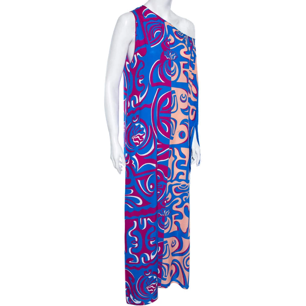 Emilio Pucci Multicolor Printed Rayon Tassel Detail Asymmetric Neck Maxi Dress S For Women - Image 2