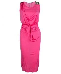 Emilio Pucci Pink Embellished Shoulder Detail Sleeveless Belted Midi Dress S For Women