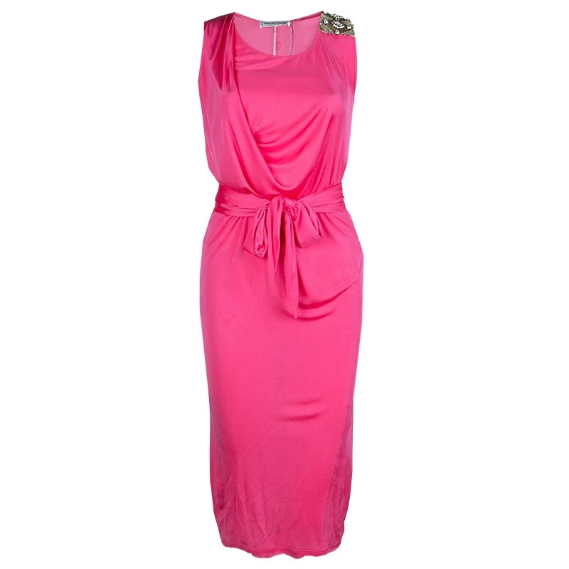 Emilio Pucci Pink Embellished Shoulder Detail Sleeveless Belted Midi Dress S For Women