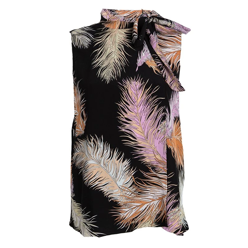 Emilio Pucci Black Feather Printed Silk Blouse M For Women