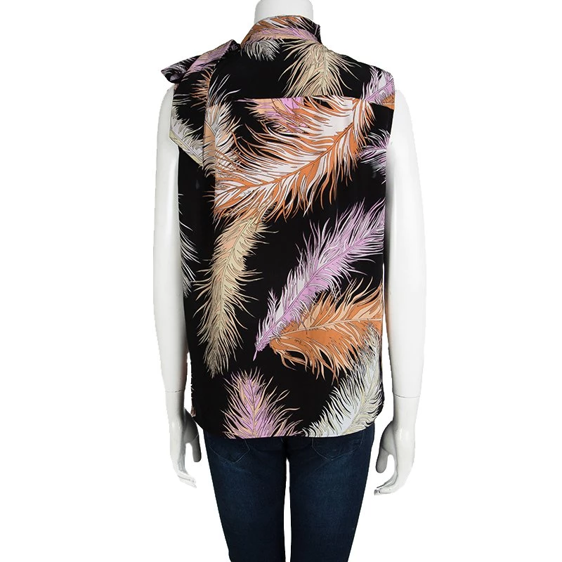 Emilio Pucci Black Feather Printed Silk Blouse M For Women - Image 3