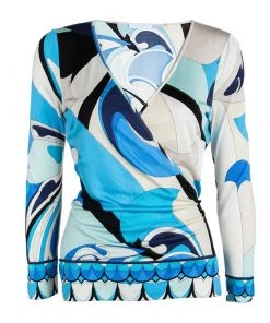Emilio Pucci Multicolor Printed Silk Wrap Long Sleeve Top M For Women