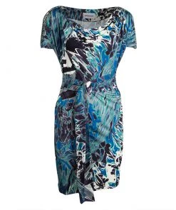 Emilio Pucci Multicolor Printed Silk Embellished Shoulder Detail Belted Dress S For Women