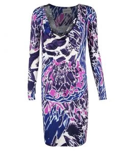 Emilio Pucci Multicolor Printed Silk Jersey Embellished Neck Detail Dress M For Women