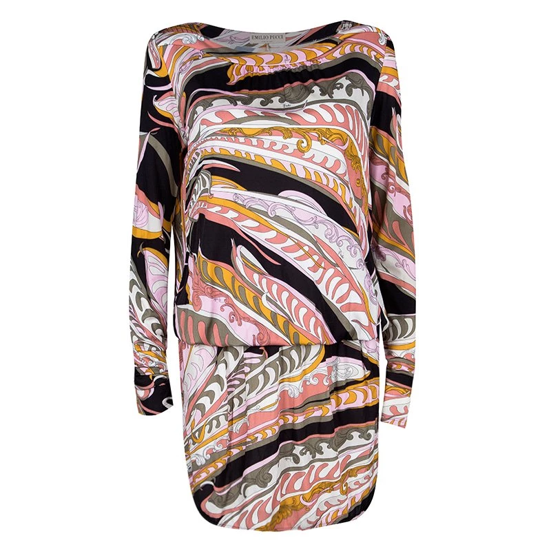 Emilio Pucci Multicolor Printed Drop Waist Detail Long Sleeve Dress M For Women