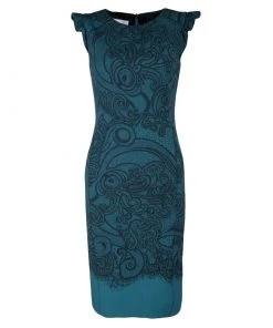 Emilio Pucci Blue Paisley And Net Print Ruffled Sleeve Wool Dress S For Women