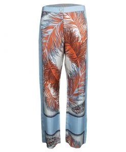 Emilio Pucci Blue Feather Printed Silk Wide Leg Pants M For Women