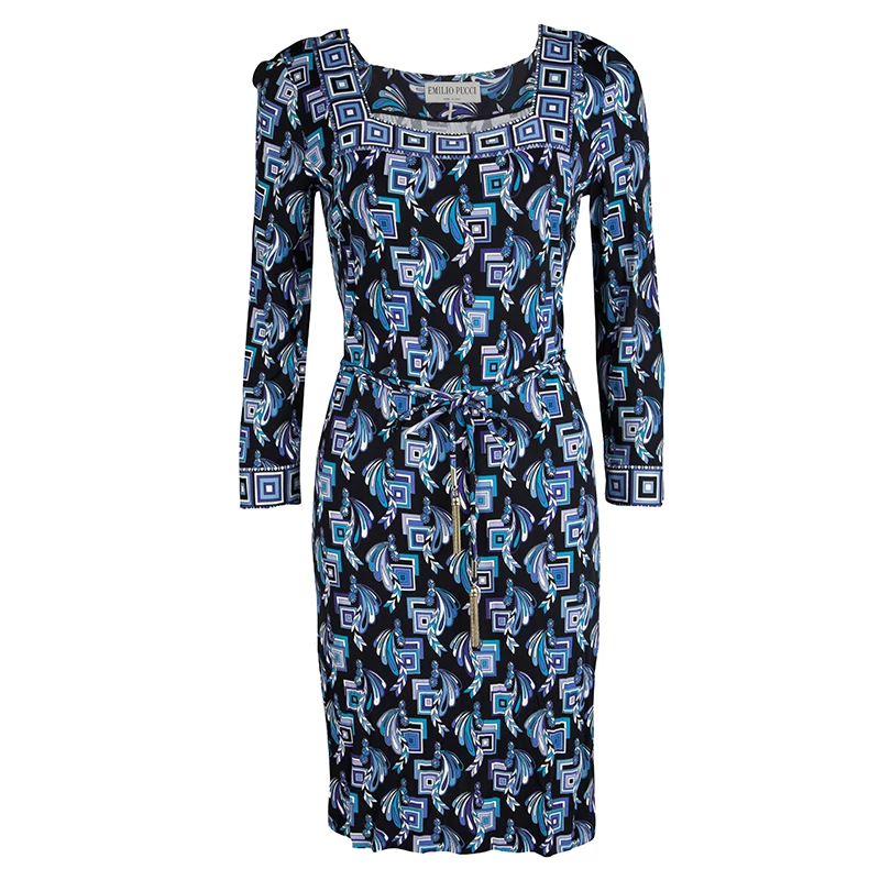 Emilio Pucci Multicolor Printed Belted Long Sleeve Dress M For Women