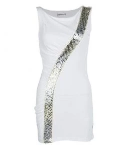 Emilio Pucci White Sequin Embellished Ruched Sleeveless Dress S For Women
