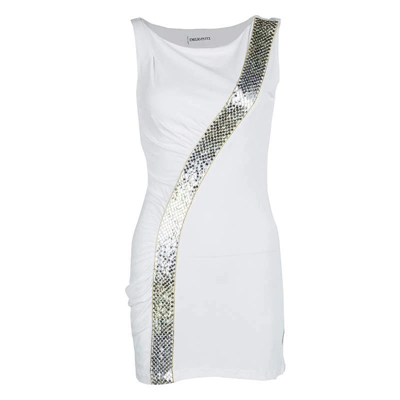 Emilio Pucci White Sequin Embellished Ruched Sleeveless Dress S For Women