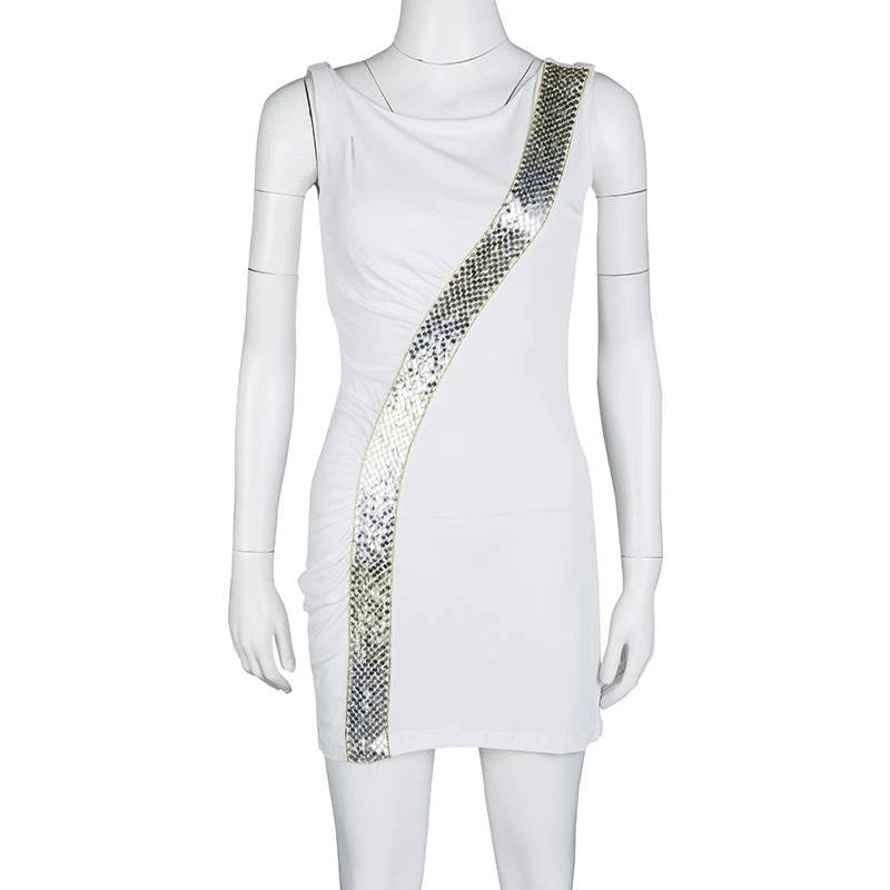 Emilio Pucci White Sequin Embellished Ruched Sleeveless Dress S For Women - Image 2