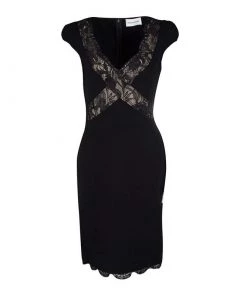 Emilio Pucci Black Scallop Lace Trim Detail Cap Sleeve Dress L For Women