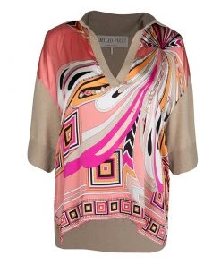 Emilio Pucci Multicolor Printed Silk And Wool Short Sleeve High Low Top S For Women