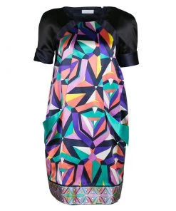 Emilio Pucci Geometric Printed Satin Pocket Detail Shift Dress S For Women