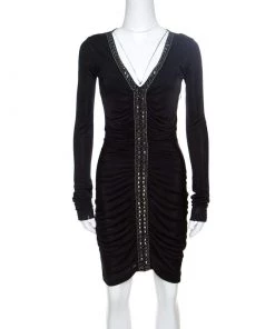 Emilio Pucci Black Ruched Jersey Rhinestone Embellished Long Sleeve Dress S For Women