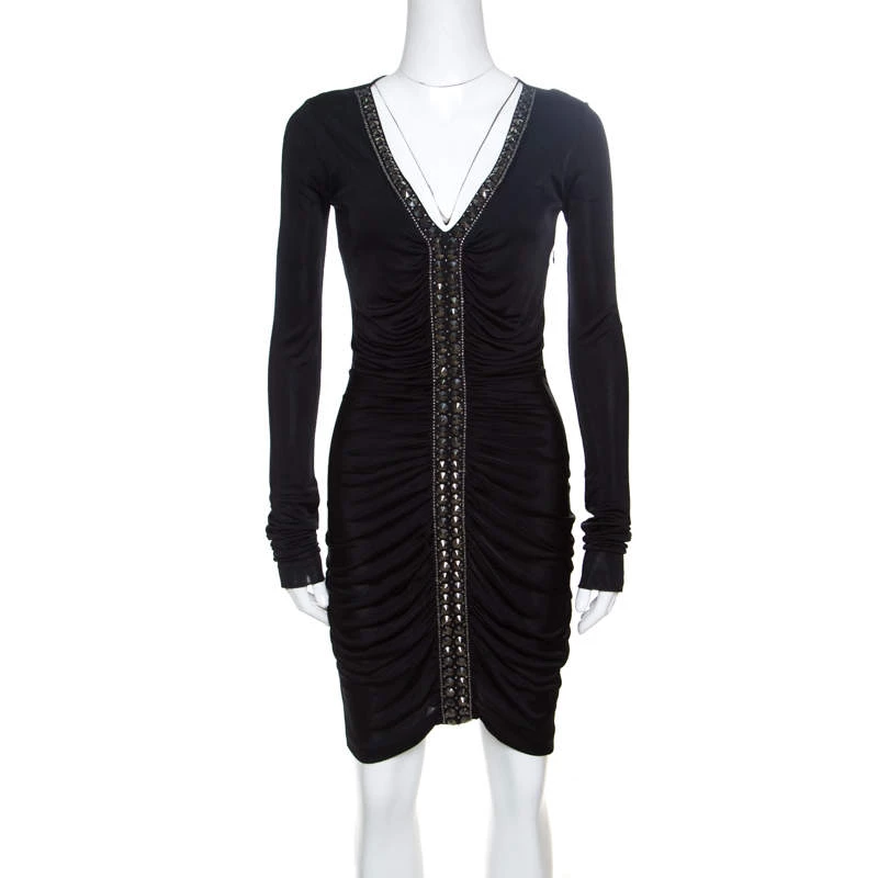 Emilio Pucci Black Ruched Jersey Rhinestone Embellished Long Sleeve Dress S For Women