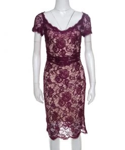 Emilio Pucci Burgundy Floral Lace Scalloped Trim Ruched Dress S For Women