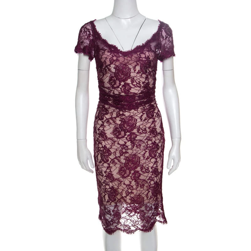 Emilio Pucci Burgundy Floral Lace Scalloped Trim Ruched Dress S For Women