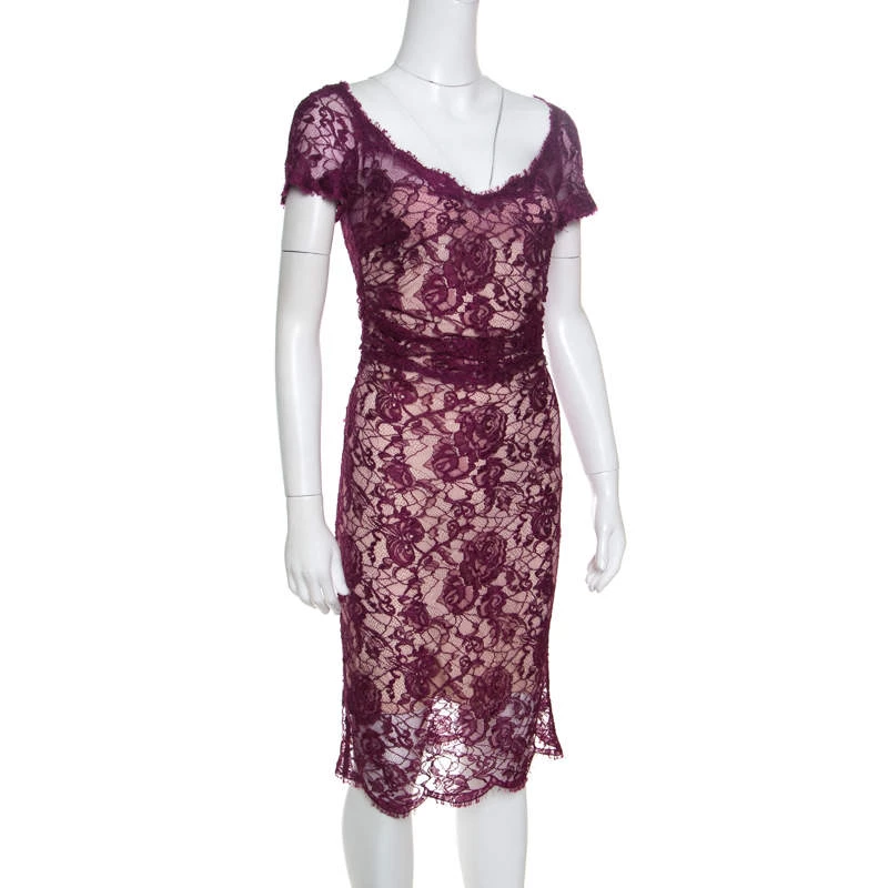 Emilio Pucci Burgundy Floral Lace Scalloped Trim Ruched Dress S For Women - Image 2