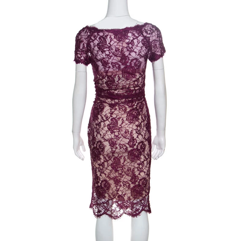 Emilio Pucci Burgundy Floral Lace Scalloped Trim Ruched Dress S For Women - Image 3