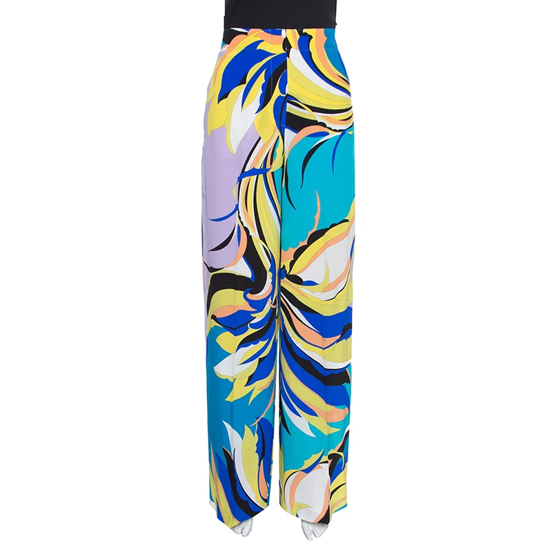 Emilio Pucci Multicolor Floral Printed Silk Wide Leg Pants M For Women
