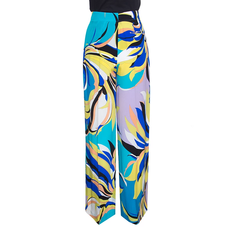 Emilio Pucci Multicolor Floral Printed Silk Wide Leg Pants M For Women - Image 3