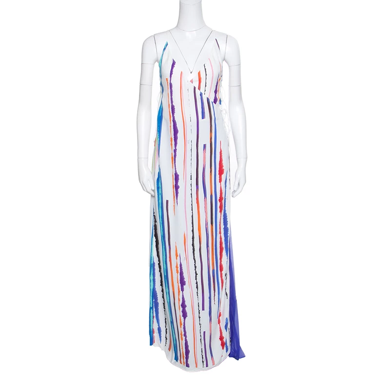 Emilio Pucci White Striped Pleated Tie Detail Maxi Dress S For Women