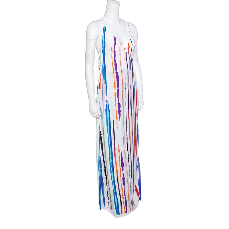 Emilio Pucci White Striped Pleated Tie Detail Maxi Dress S For Women - Image 2