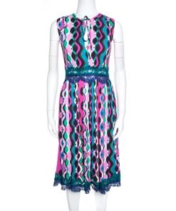 Emilio Pucci Multicolor Printed Scallop Lace Insert Sleeveless Midi Dress S For Women