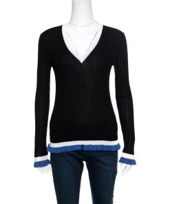 Emilio Pucci Black Ribbed Knit Contrast Ruffled Trim V-Neck Sweater M For Women