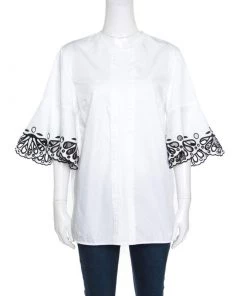 Emilio Pucci White Cotton Sangallo Trim Pintuck Detail Blouse M For Women