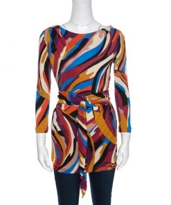 Emilio Pucci Multicolor Printed Knit Long Sleeve Belted Top M For Women