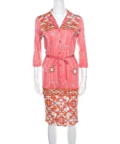 Emilio Pucci Pink Printed Silk Belted Shirt Dress S For Women