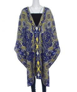 Emilio Pucci Blue And Neon Yellow Patterned Jacquard Knit Poncho S For Women