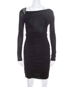 Emilio Pucci Black Knit Embellished Shoulder Detail Ruched Long Sleeve Dress S For Women