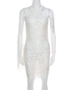 Emilio Pucci White Floral Lace Scalloped Trim Ruched One Shoulder Dress S For Women