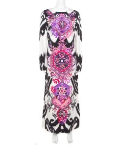 Emilio Pucci Multicolor Ikat Printed Silk Long Sleeve Maxi Dress M For Women