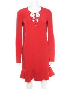 Emilio Pucci Red Tie-Up Detail Cady Flounce Dress S For Women
