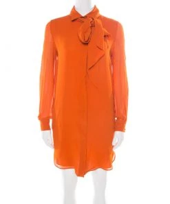 Emilio Pucci Orange Silk Crepe De Chine Neck Tie Detail Shirt Dress S For Women