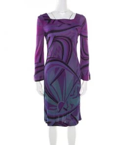 Emilio Pucci Purple Printed Jersey Square Neck Long Sleeve Dress M For Women