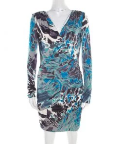 Emilio Pucci Multicolor Printed Silk Jersey Power Shoulder Draped Dress M For Women
