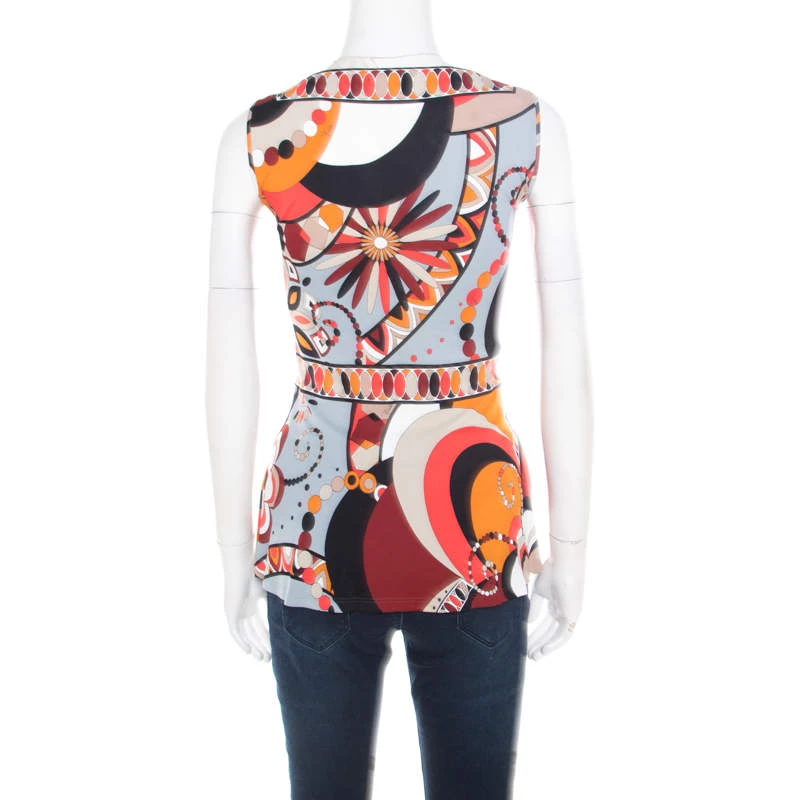 Emilio Pucci Firenze Multicolor Printed Jersey Plunge Neck Peplum Top M For Women - Image 3