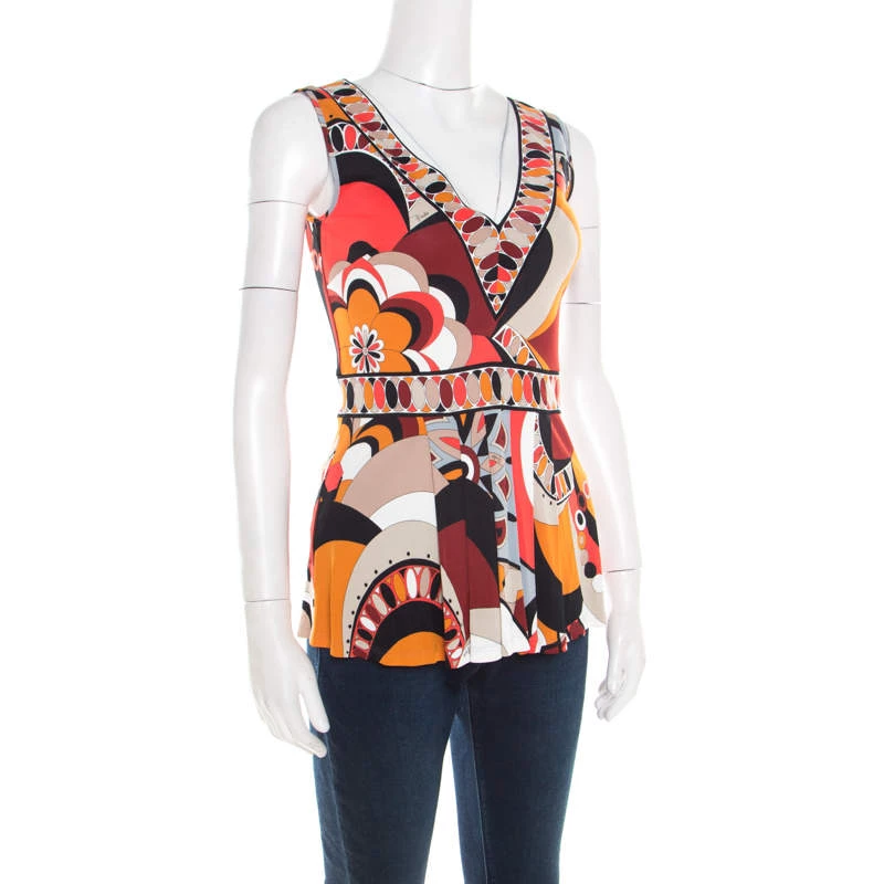 Emilio Pucci Firenze Multicolor Printed Jersey Plunge Neck Peplum Top M For Women - Image 2