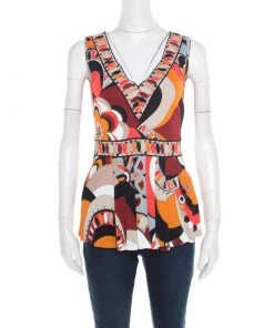 Emilio Pucci Firenze Multicolor Printed Jersey Plunge Neck Peplum Top M For Women